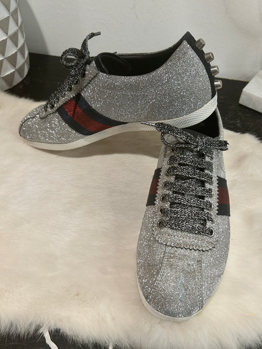 GUCCI Ace Silver Glitter Studded Women's Size 38.5EU