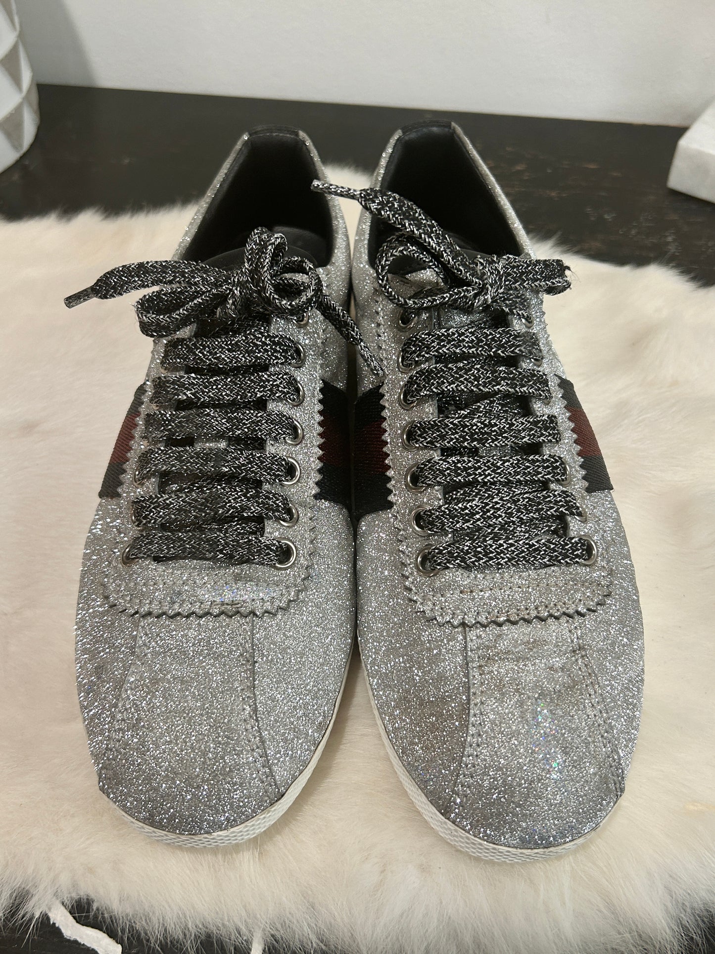 GUCCI Ace Silver Glitter Studded Women's Size 38.5EU