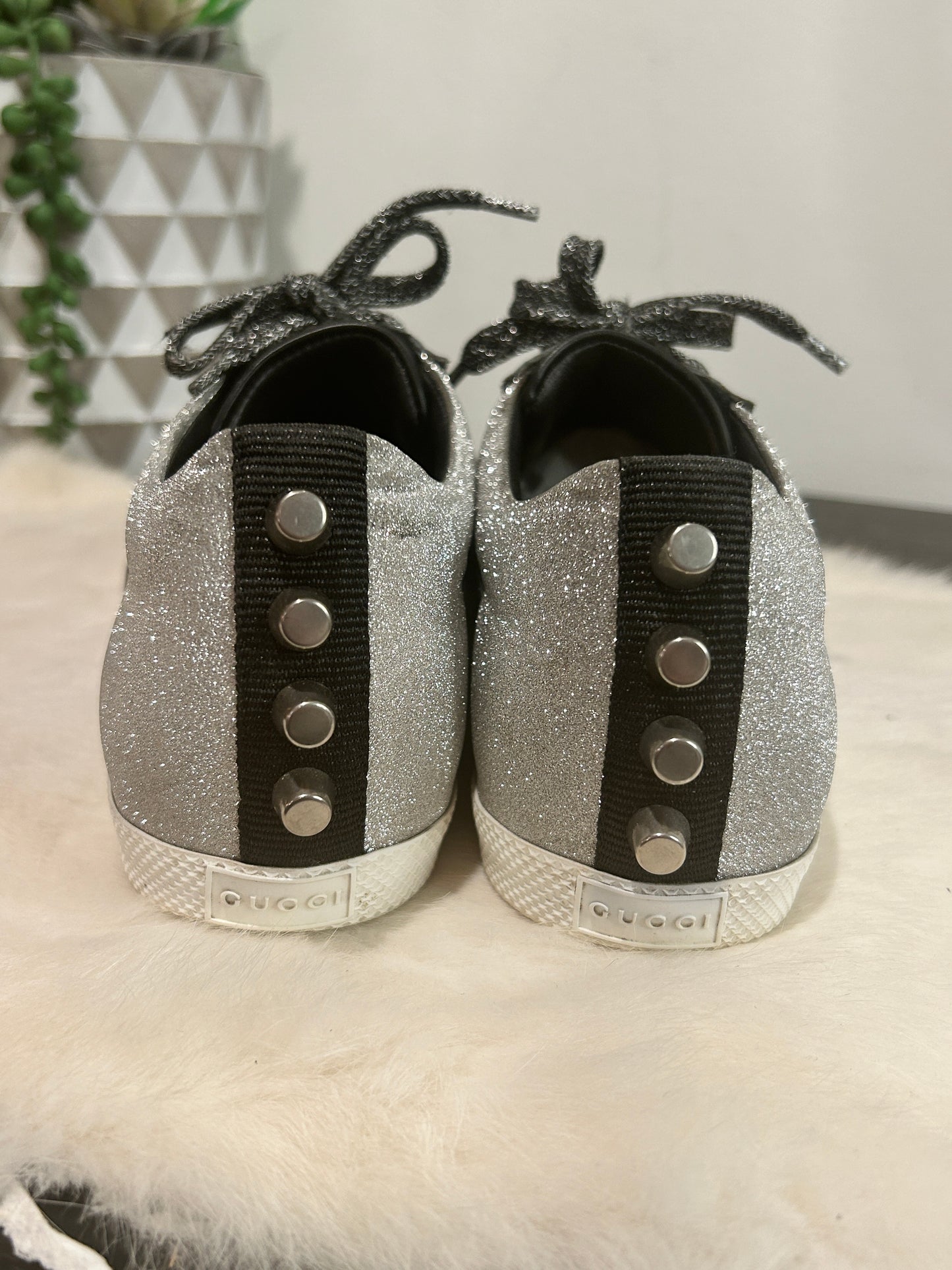 GUCCI Ace Silver Glitter Studded Women's Size 38.5EU