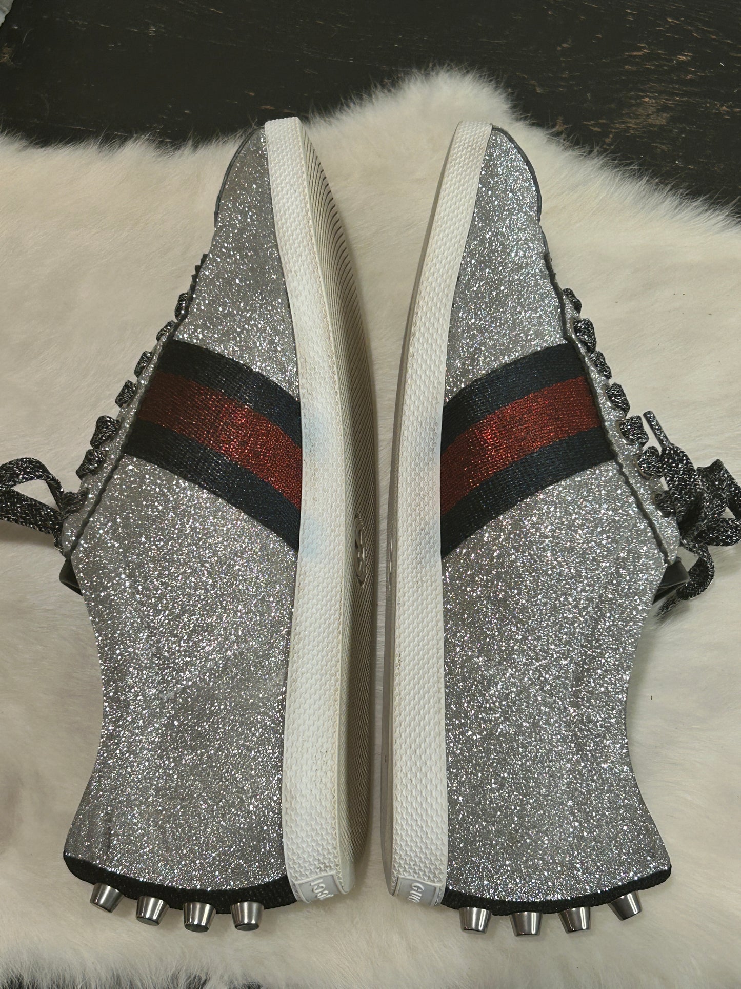 GUCCI Ace Silver Glitter Studded Women's Size 38.5EU