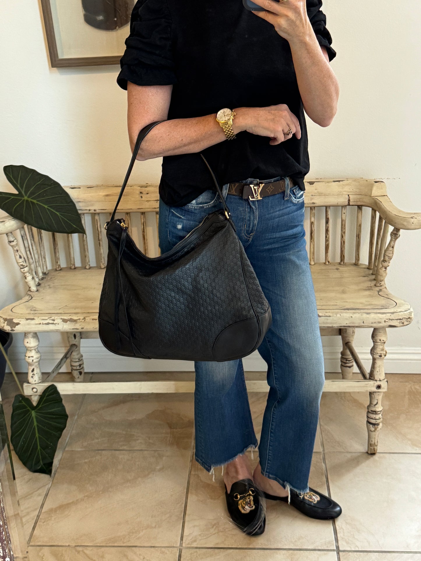 GUCCI Large Bree Micro-Guccissima Signature Black Leather Hobo