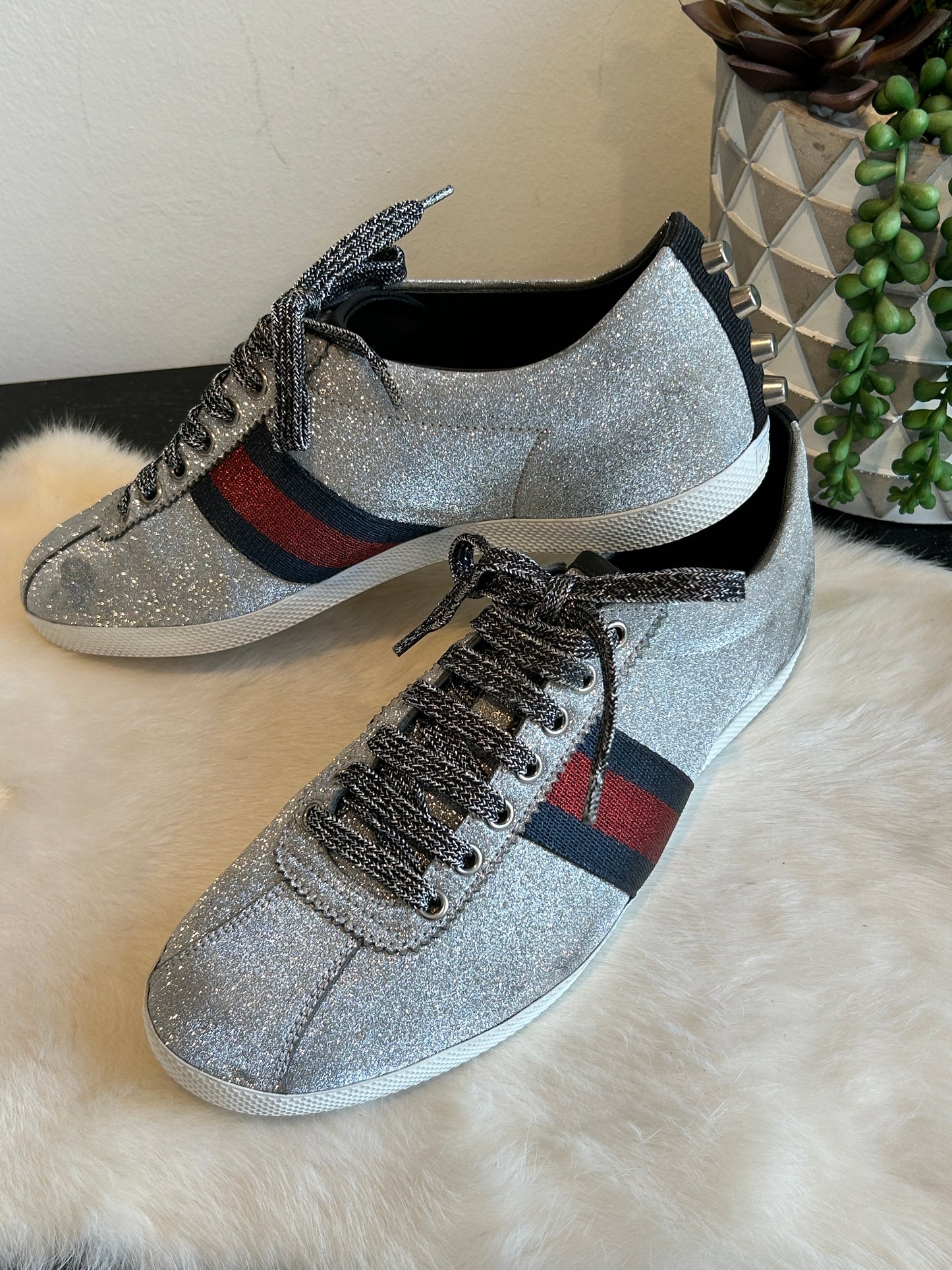 GUCCI Ace Silver Glitter Studded Mens Size 7.5EU (40.5EU)