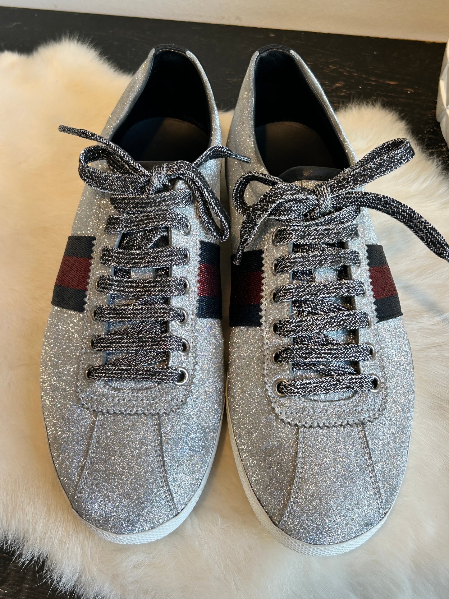 GUCCI Ace Silver Glitter Studded Mens Size 7.5EU (40.5EU)