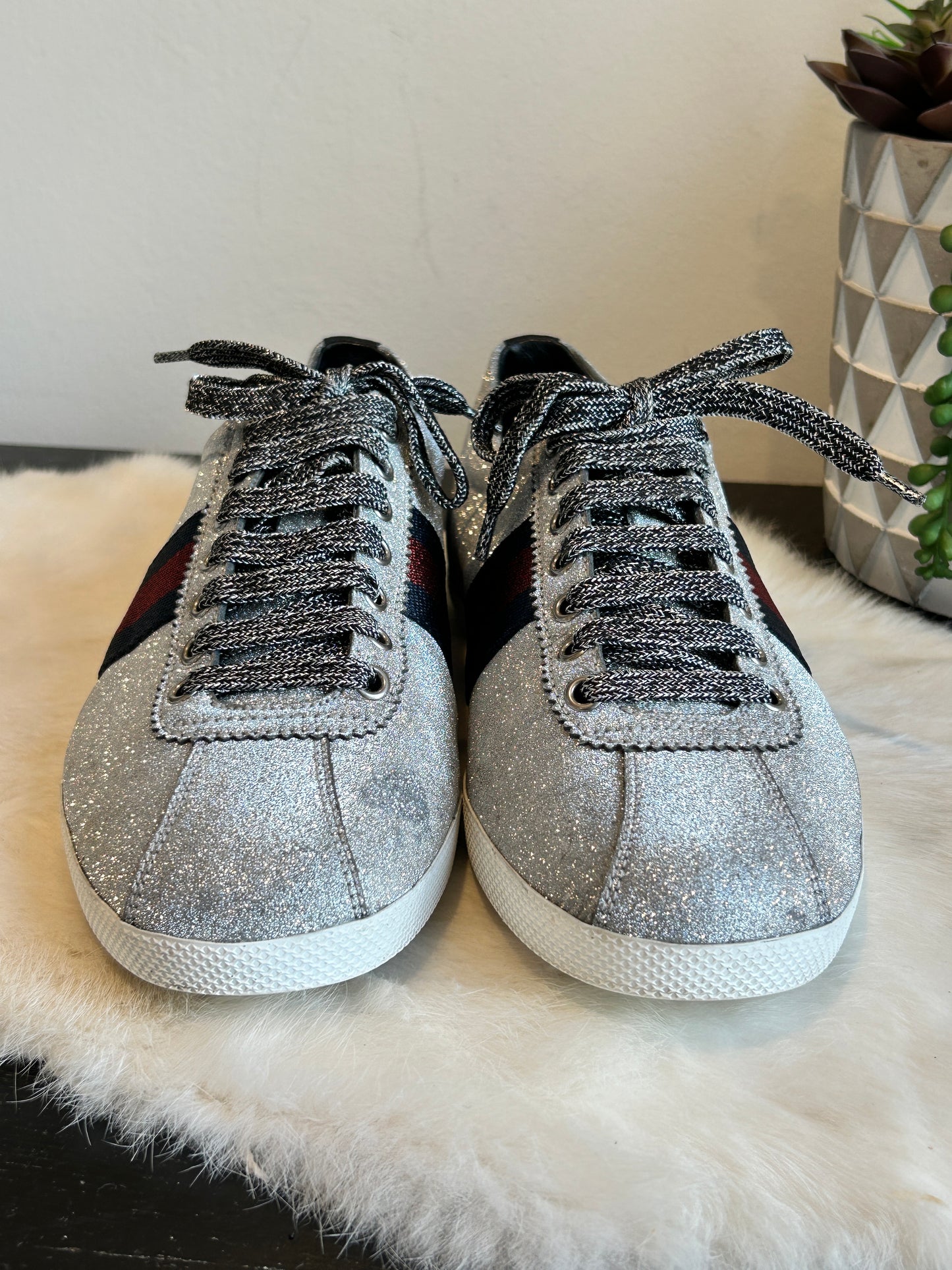 GUCCI Ace Silver Glitter Studded Mens Size 7.5EU (40.5EU)