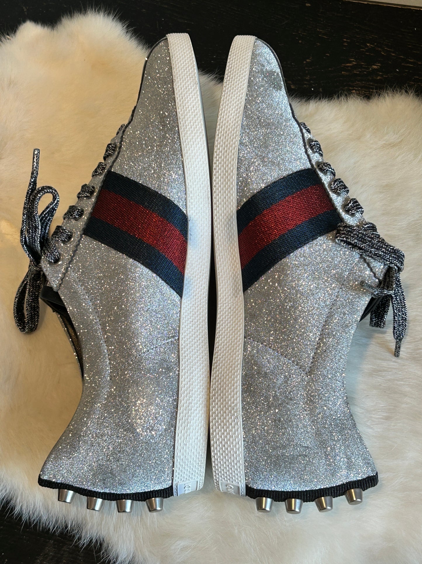 GUCCI Ace Silver Glitter Studded Mens Size 7.5EU (40.5EU)