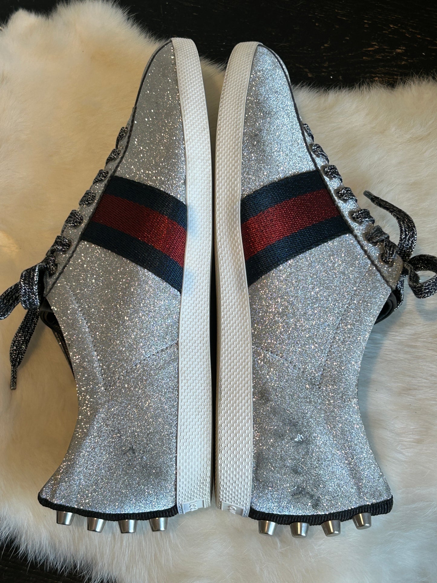 GUCCI Ace Silver Glitter Studded Mens Size 7.5EU (40.5EU)