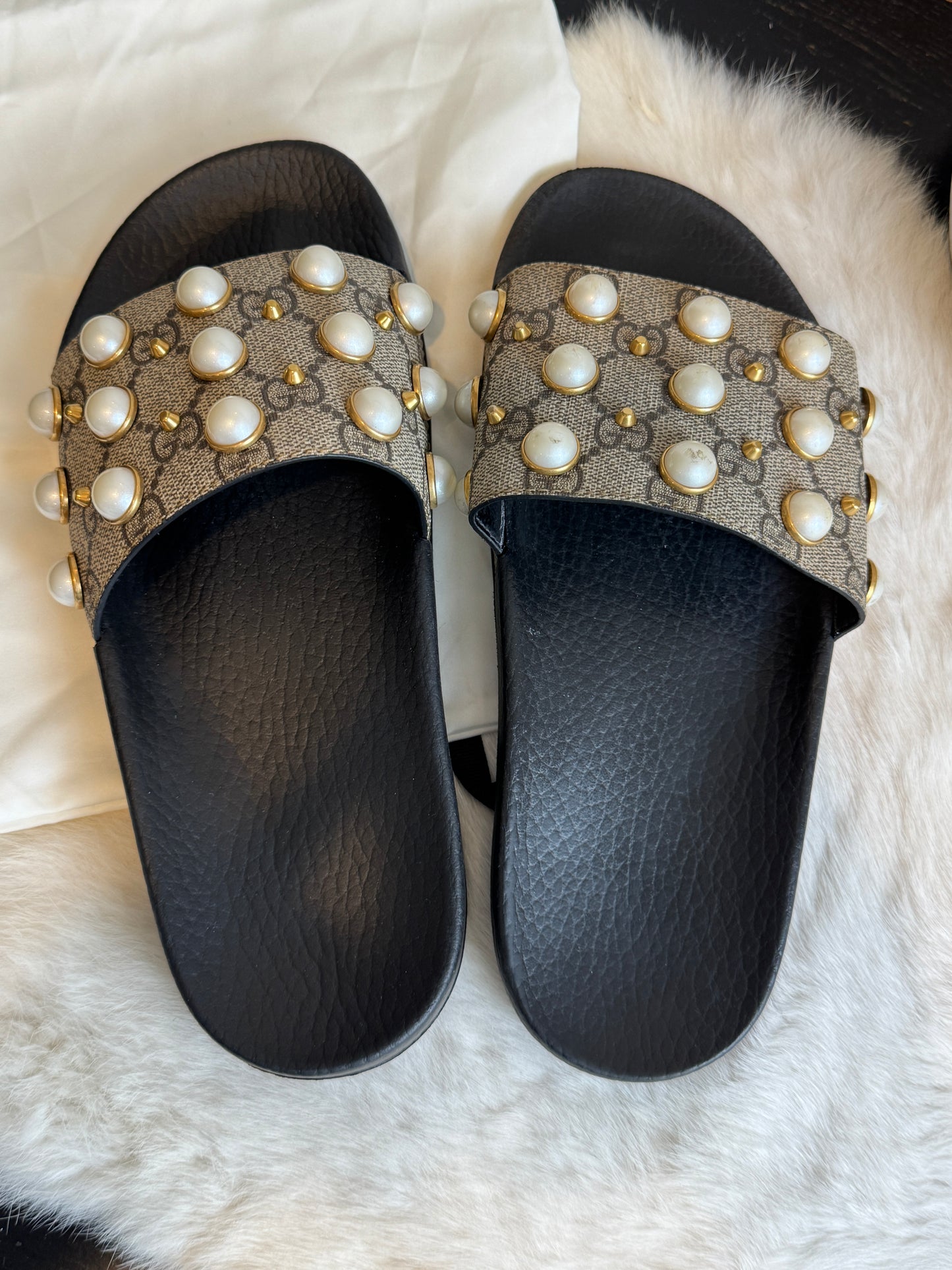 GUCCI Supreme Pearl Monogram Women's Slides 37EU
