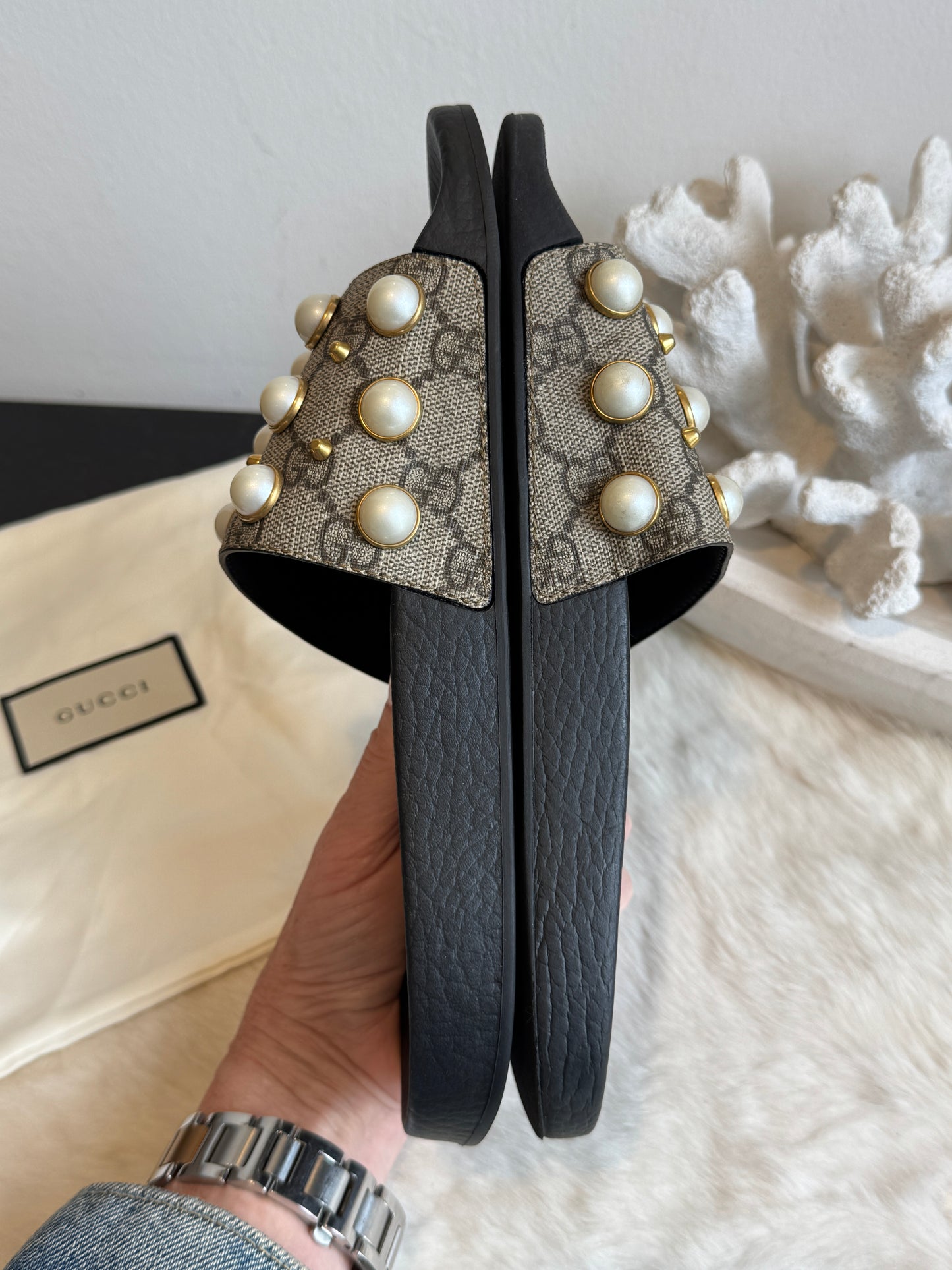 GUCCI Supreme Pearl Monogram Women's Slides 37EU
