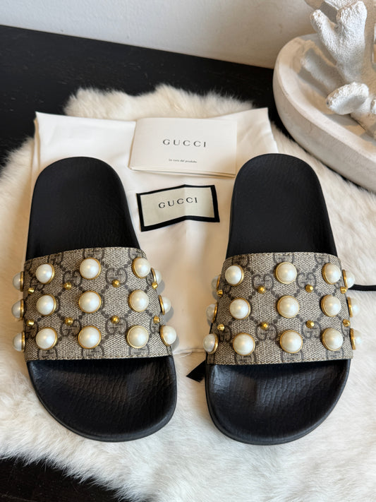 GUCCI Supreme Pearl Monogram Women's Slides 36EU