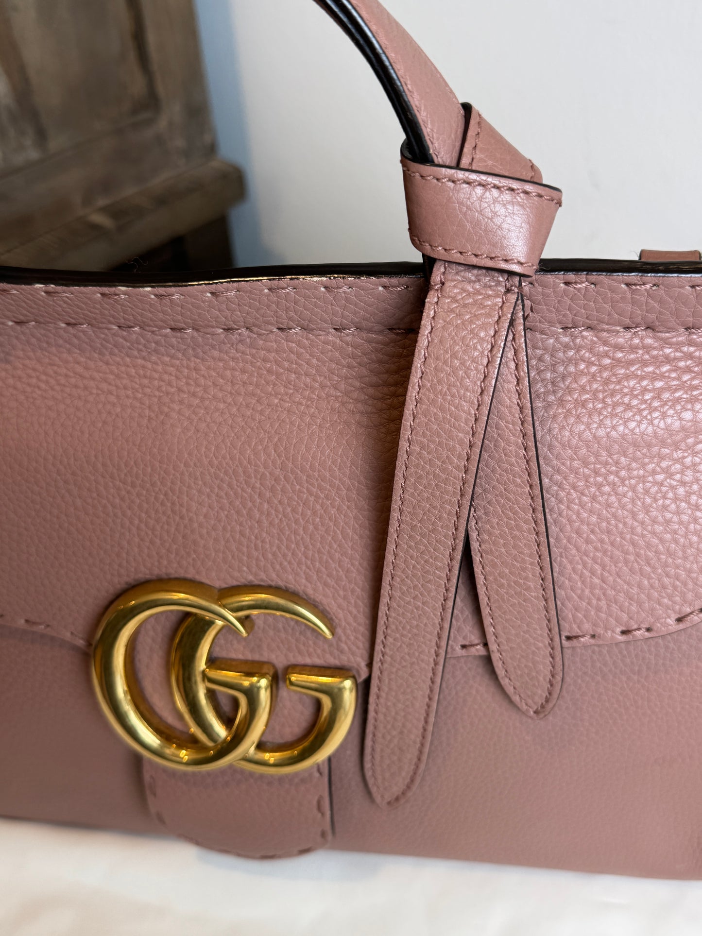 Gucci Pebbled Calfskin Small GG Marmont Top Handle Bag Rose