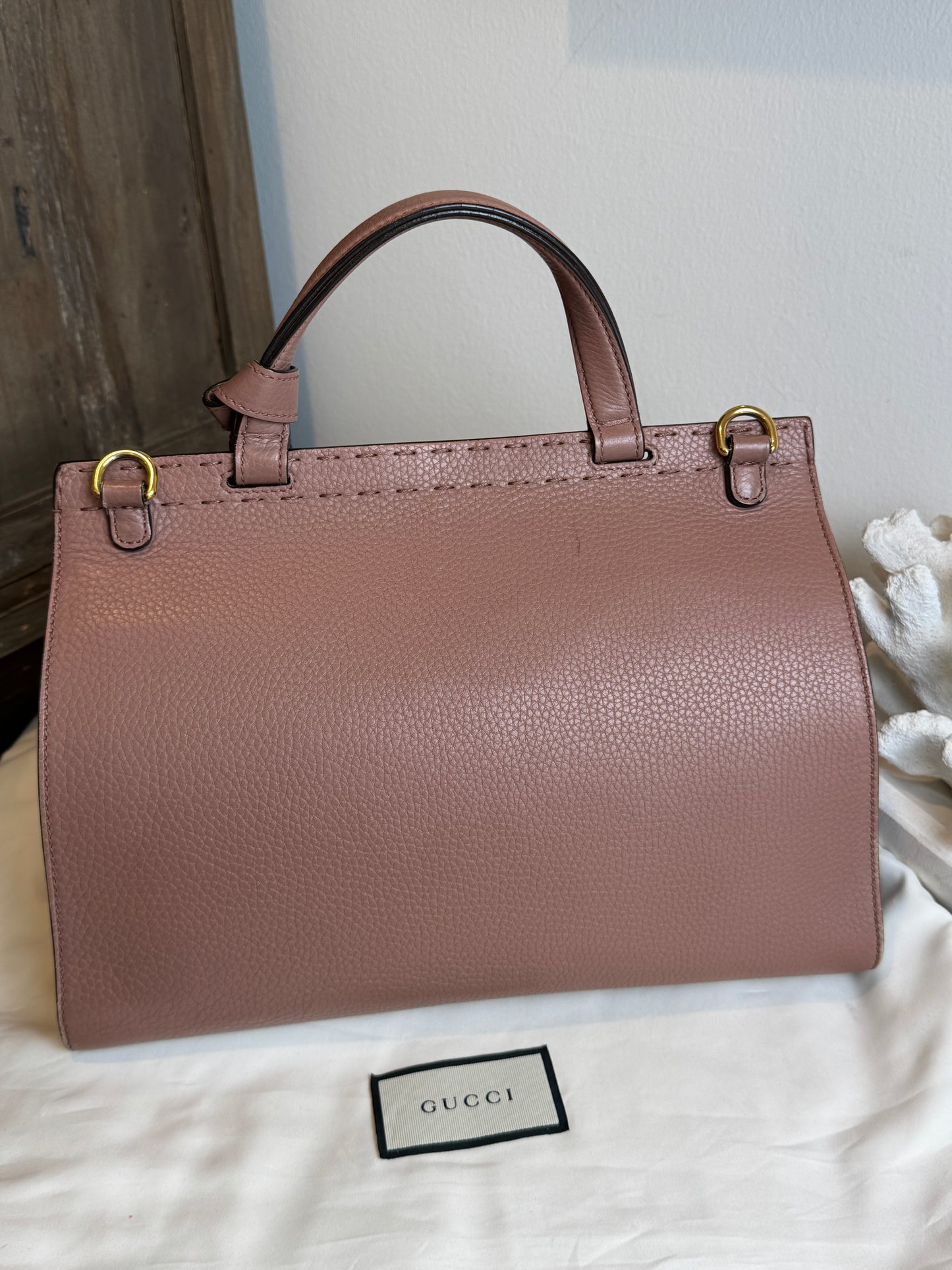 Gucci Pebbled Calfskin Small GG Marmont Top Handle Bag Rose