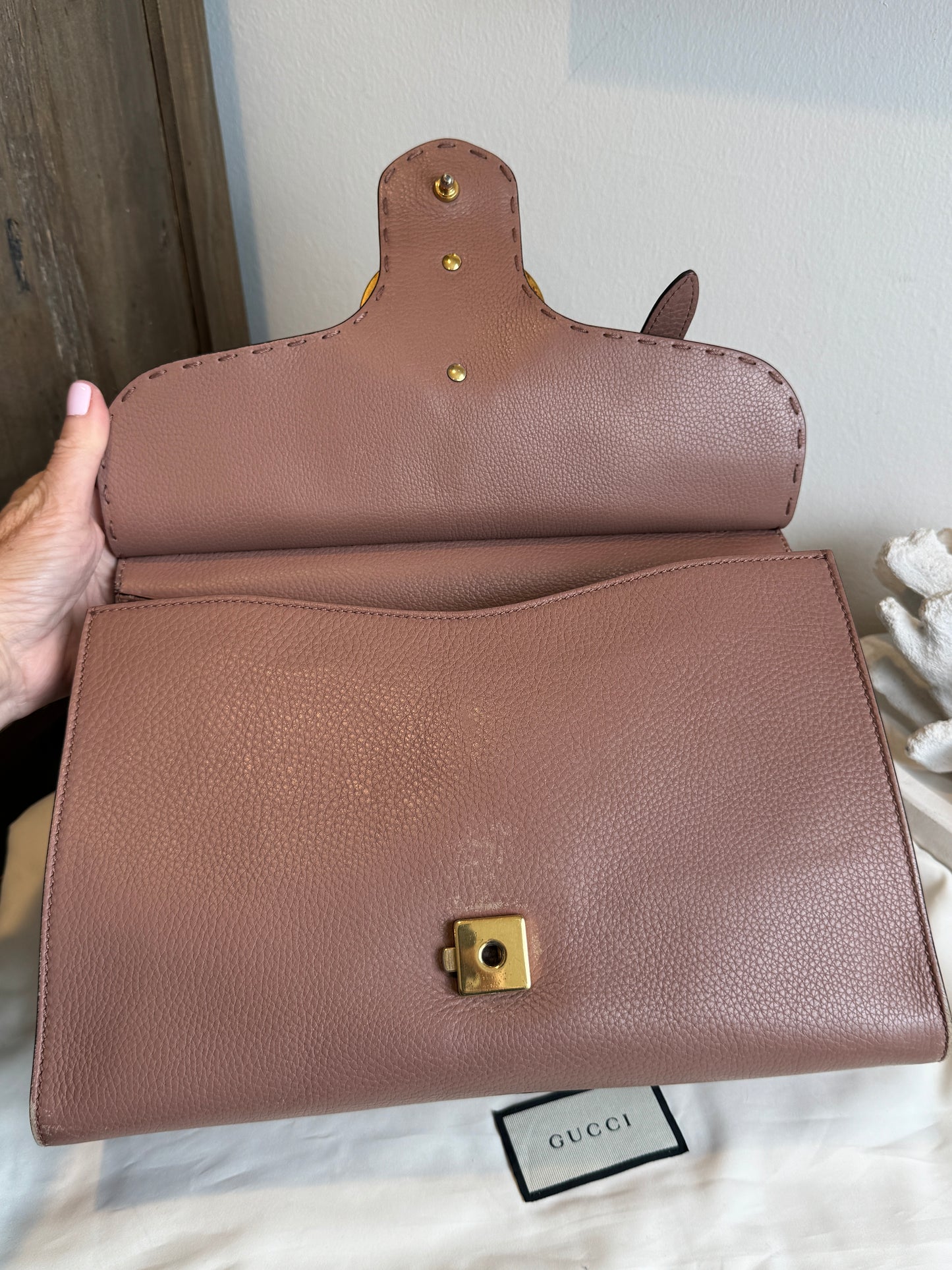 Gucci Pebbled Calfskin Small GG Marmont Top Handle Bag Rose