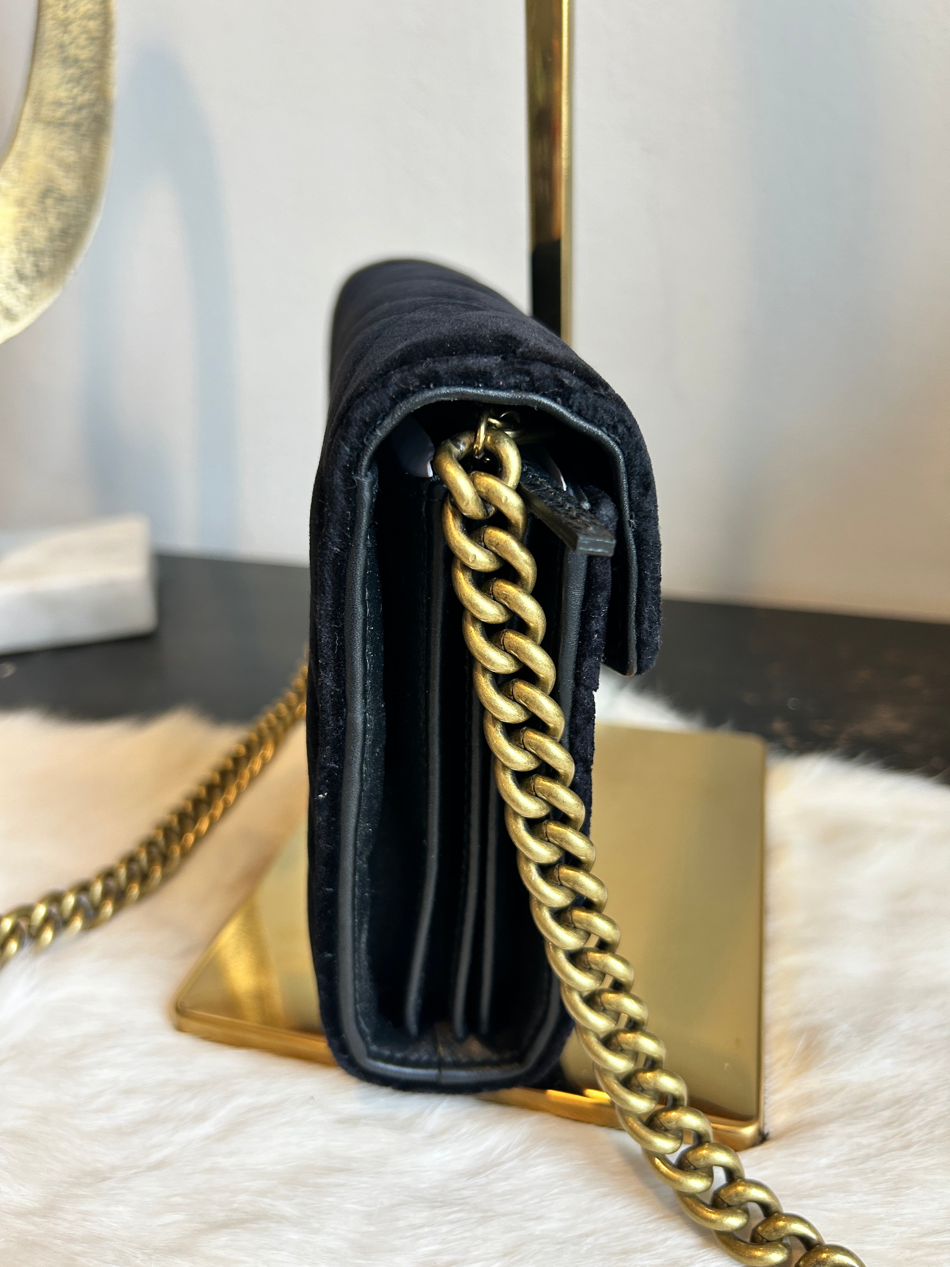 GUCCI Velvet GG Marmont Mini Wallet on Chain Black Ascherman Home