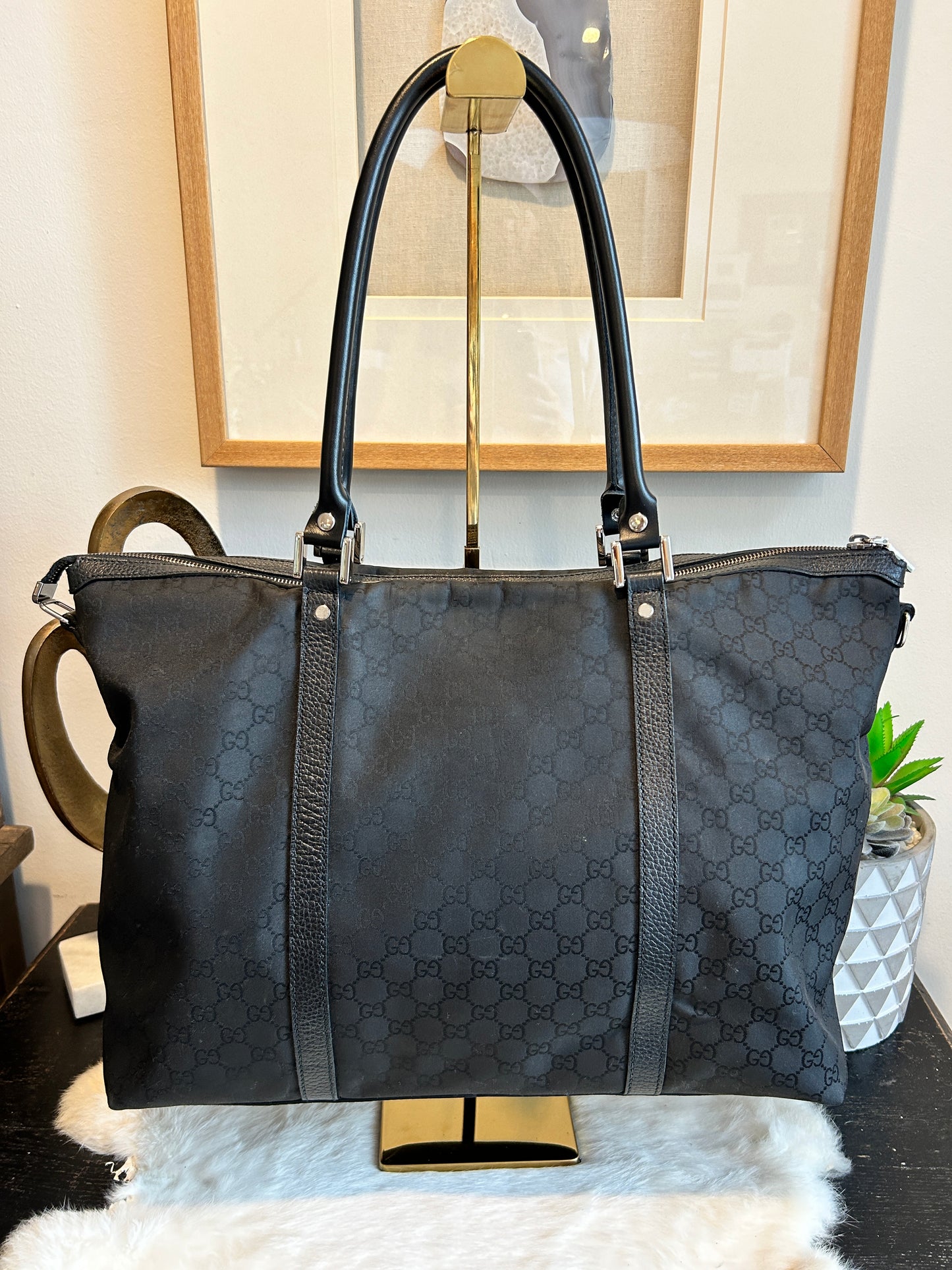 GUCCI Monogram Black Fabric/Leather Trim Tote