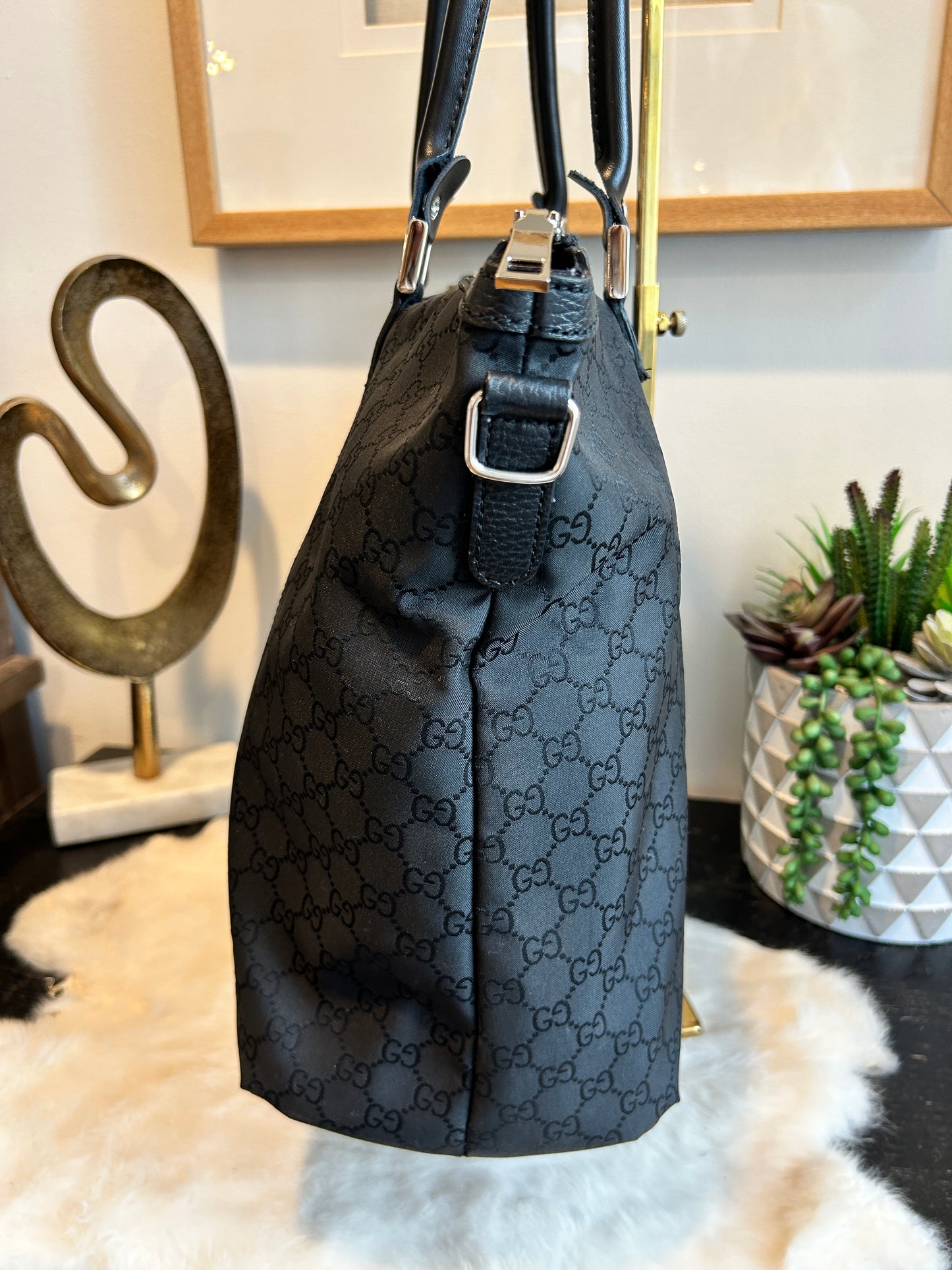 GUCCI Monogram Black Fabric/Leather Trim Tote