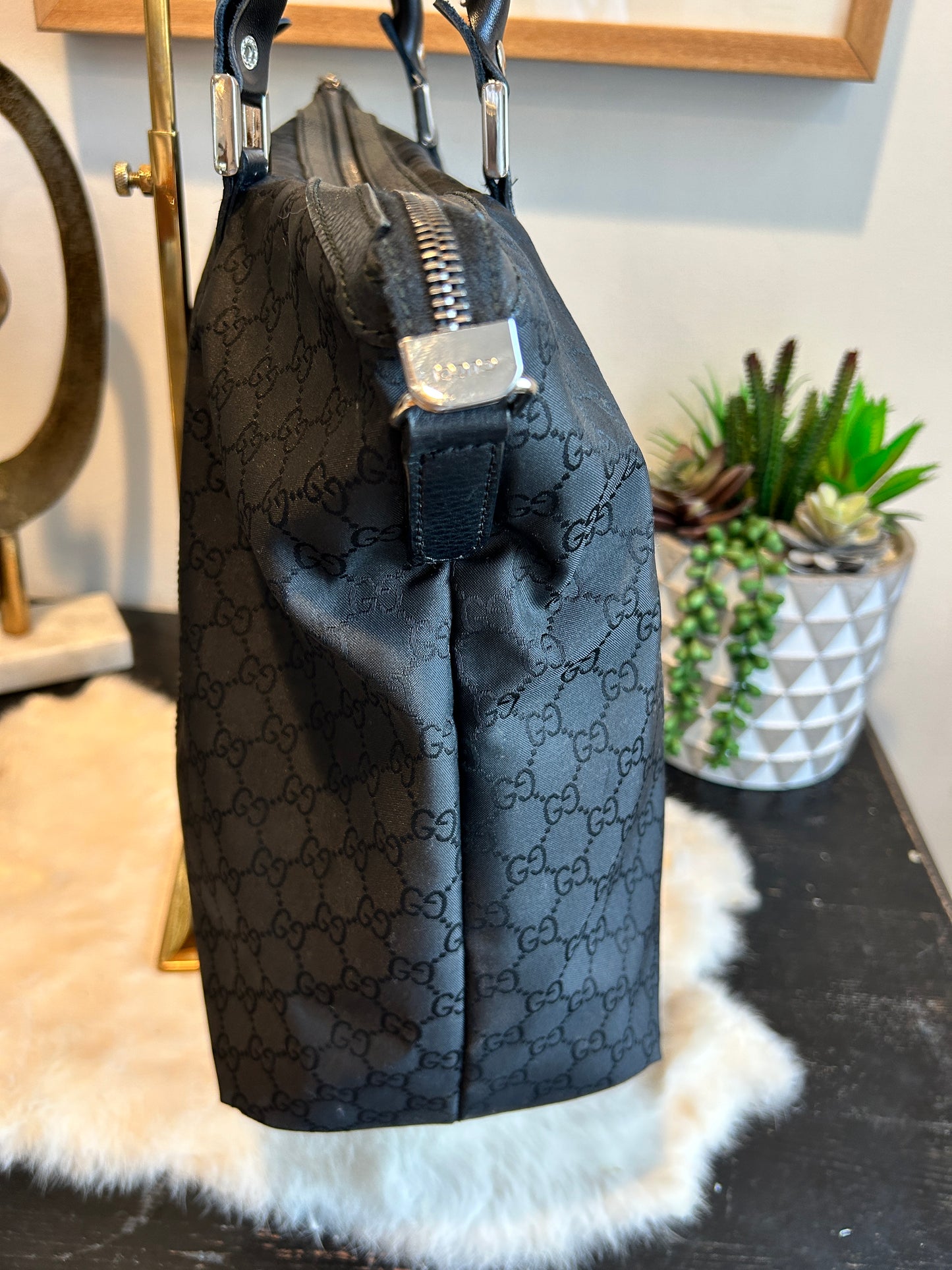 GUCCI Monogram Black Fabric/Leather Trim Tote