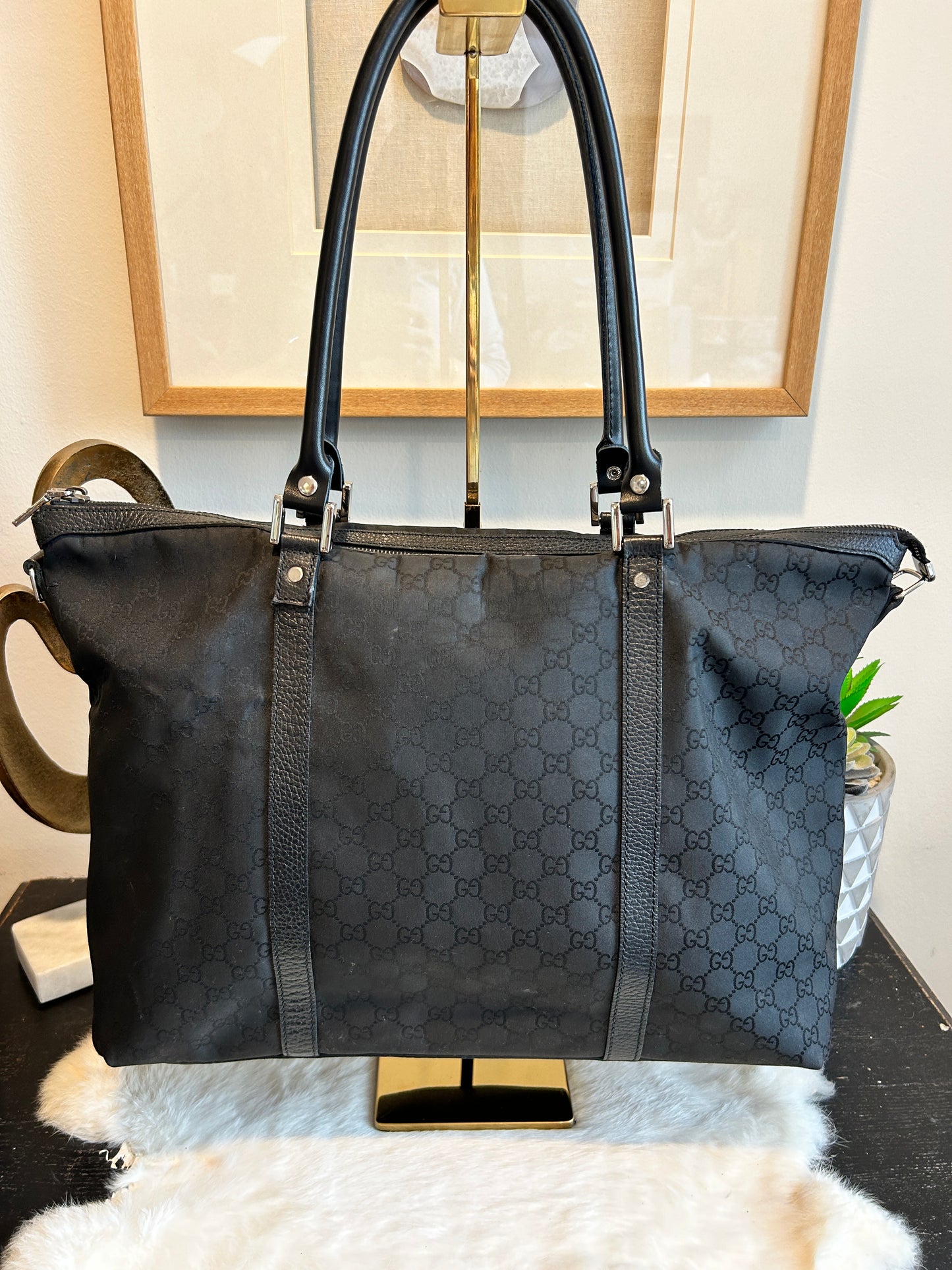 GUCCI Monogram Black Fabric/Leather Trim Tote