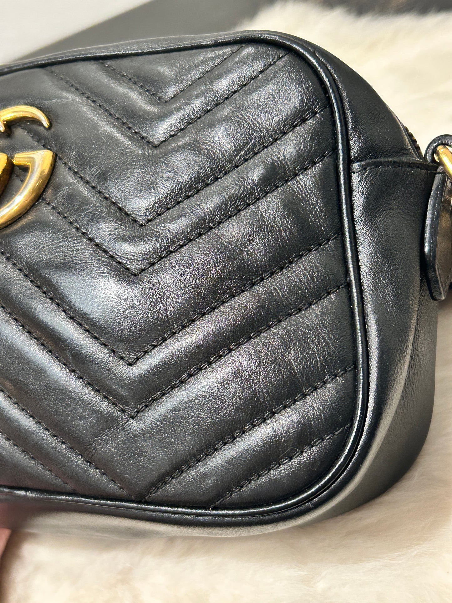 GUCCI Black Leather GG Marmont Small Camera Bag