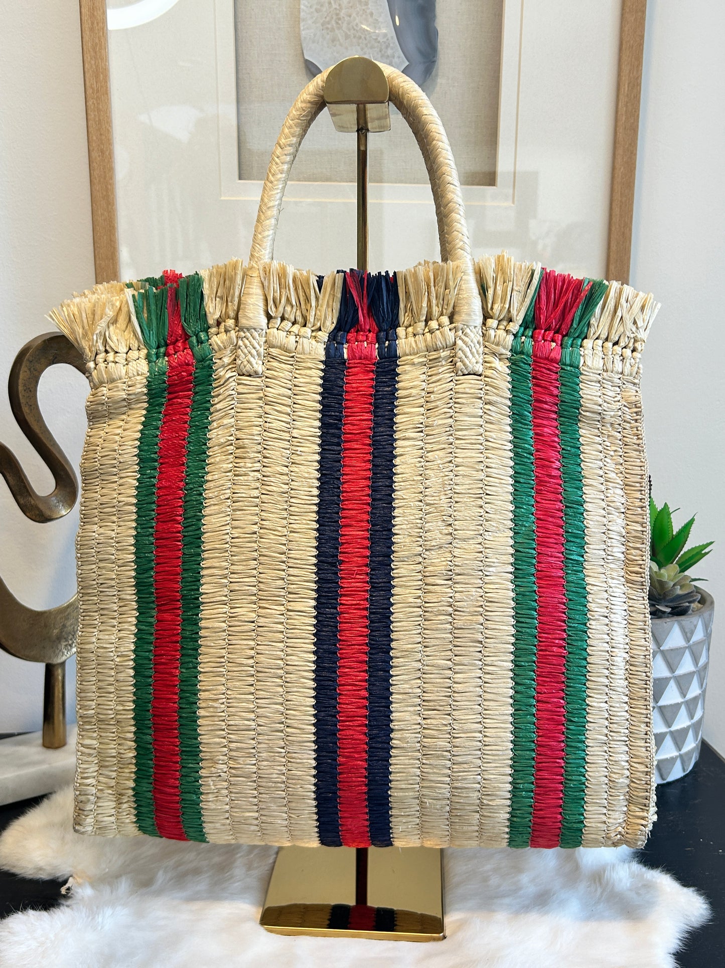 GUCCI Hand woven Raffia Cestino Tote Bag