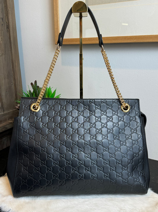 GUCCI Large Signature Guccissima Zip Top Black Chain Strap Tote