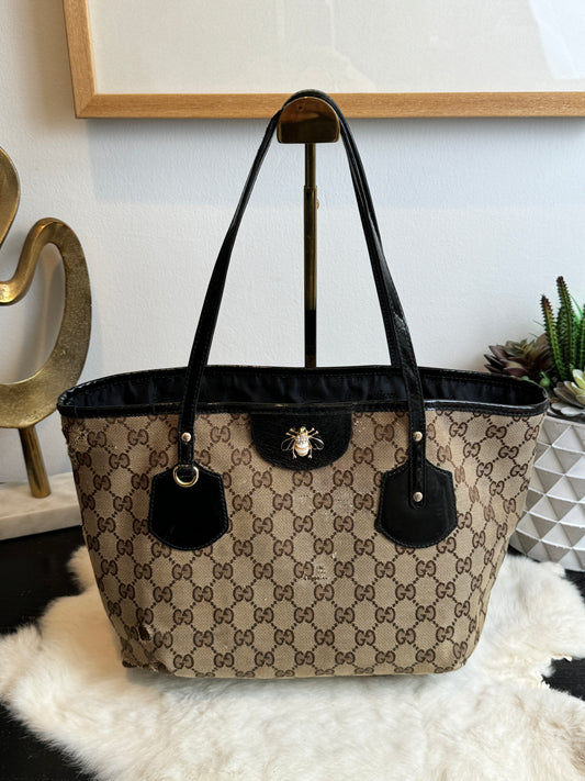 GUCCI GG Canvas Small Patent Trim Tote