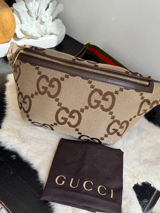 GUCCI Jumbo GG Canvas Leather Belt Waist Bumbag Camel