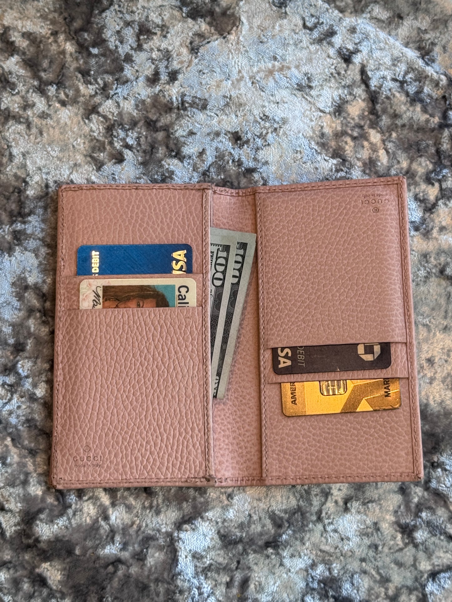 GUCCI GG Pebbled Leather Card Holder Lt Pink