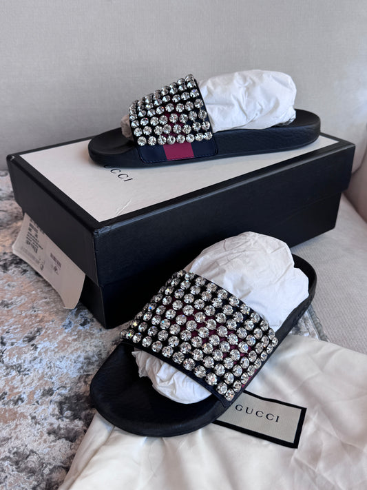 Excellent!! GUCCI Leather Crystal Pursuit Navy/Red Women's Slides 38EU