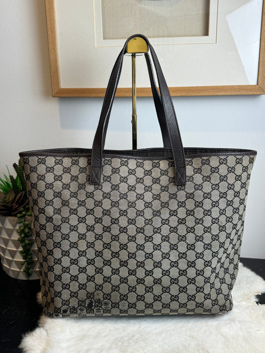 GUCCI DK Brown Canvas/Leather Tote Medium