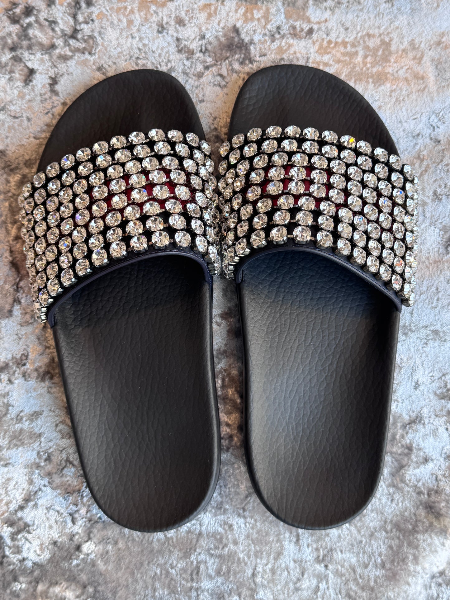 Excellent!! GUCCI Leather Crystal Pursuit Navy/Red Women's Slides 38EU
