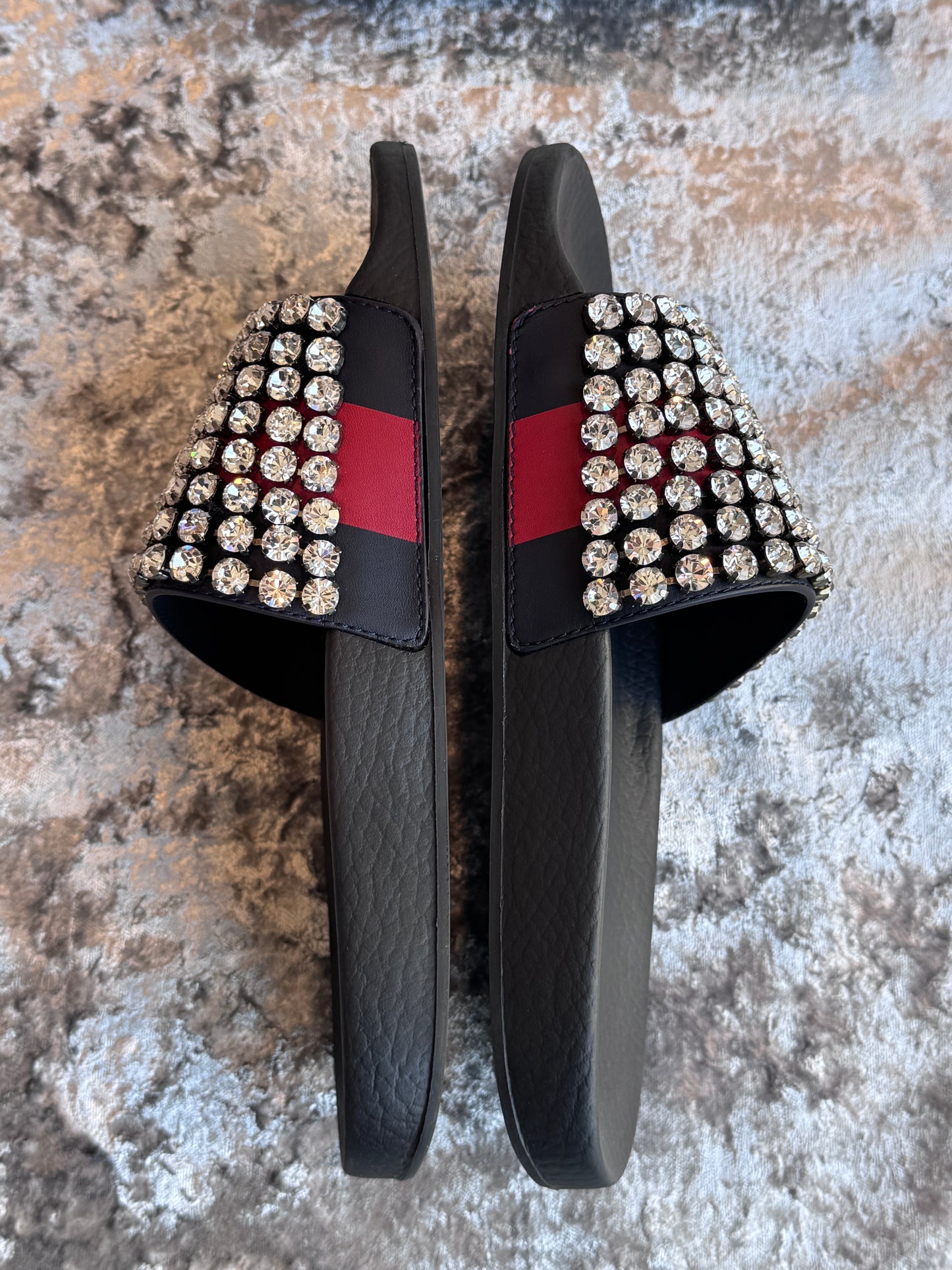 Excellent!! GUCCI Leather Crystal Pursuit Navy/Red Women's Slides 38EU
