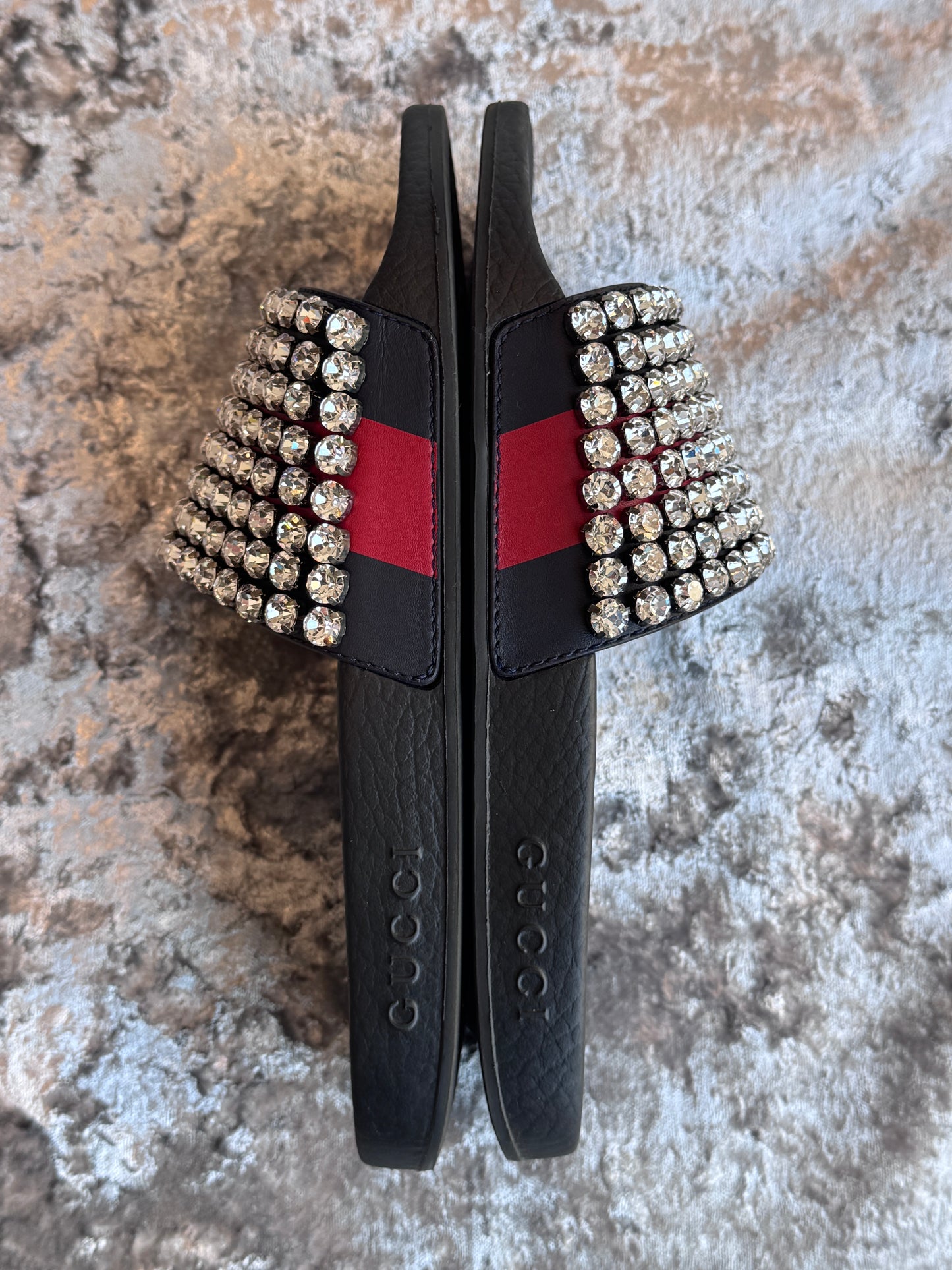 Excellent!! GUCCI Leather Crystal Pursuit Navy/Red Women's Slides 38EU