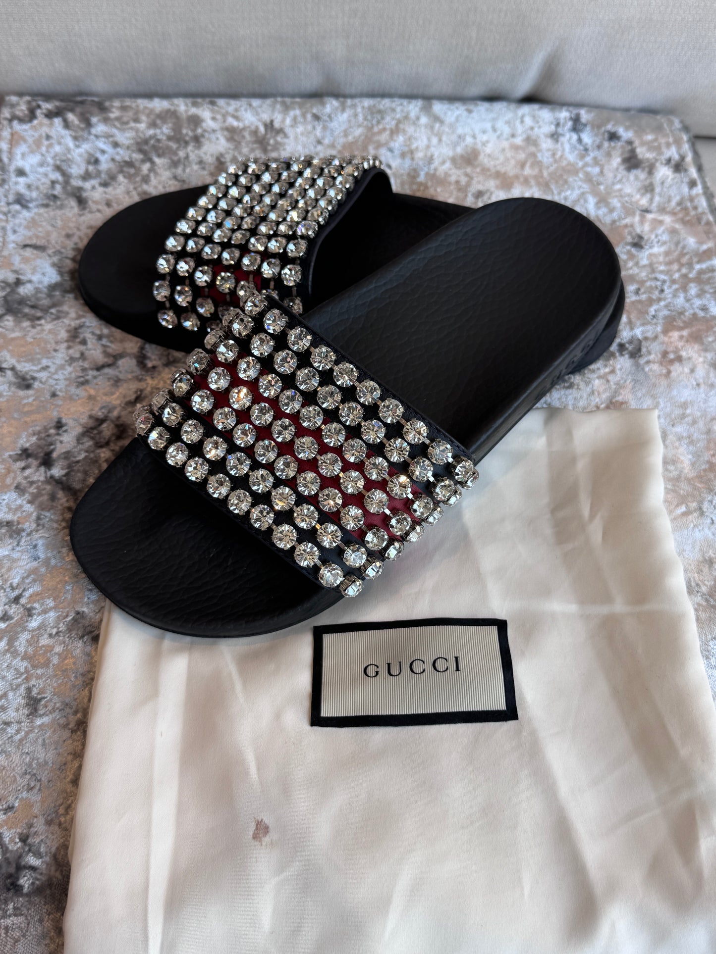 Excellent!! GUCCI Leather Crystal Pursuit Navy/Red Women's Slides 36EU