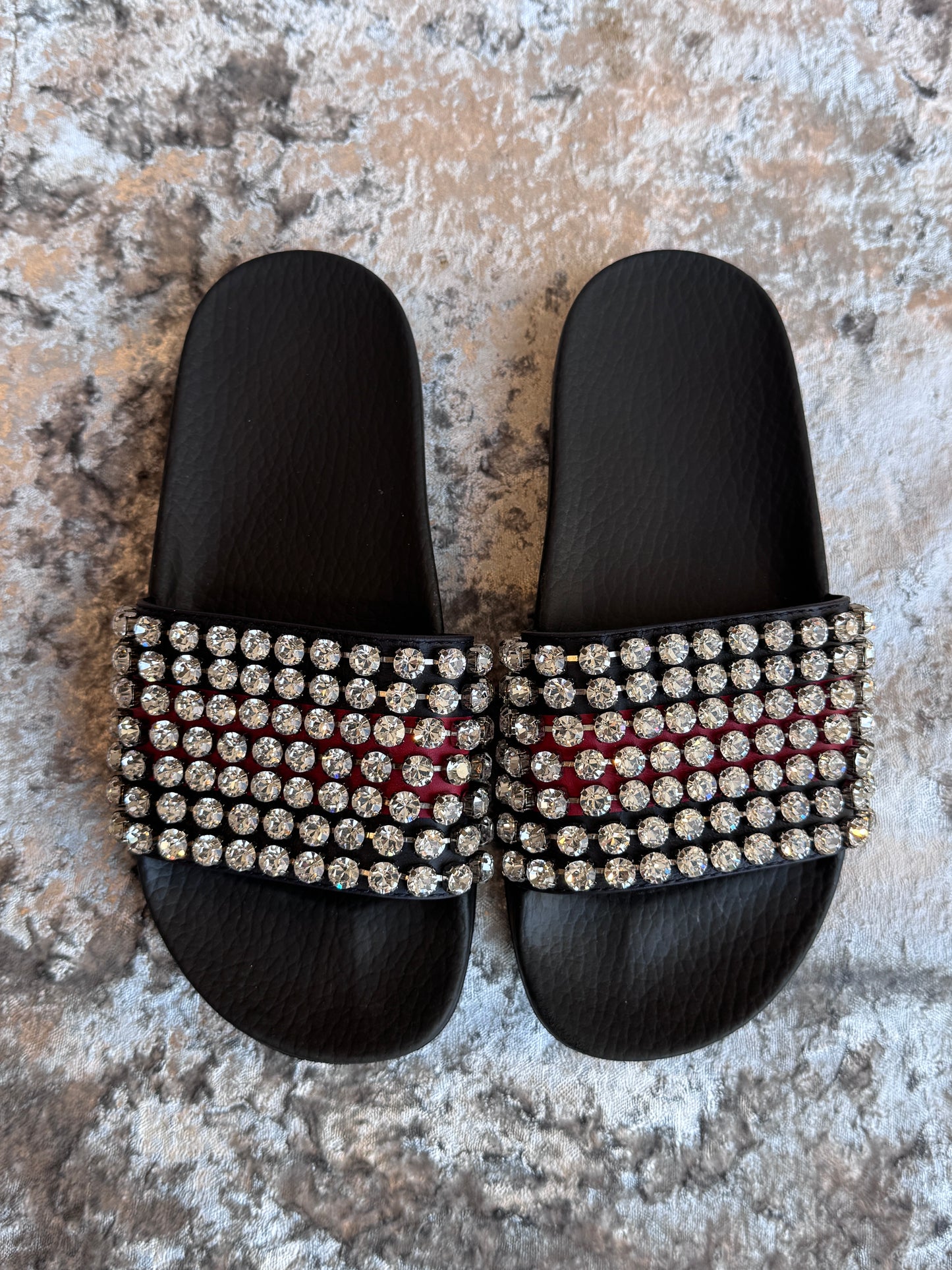 Excellent!! GUCCI Leather Crystal Pursuit Navy/Red Women's Slides 36EU