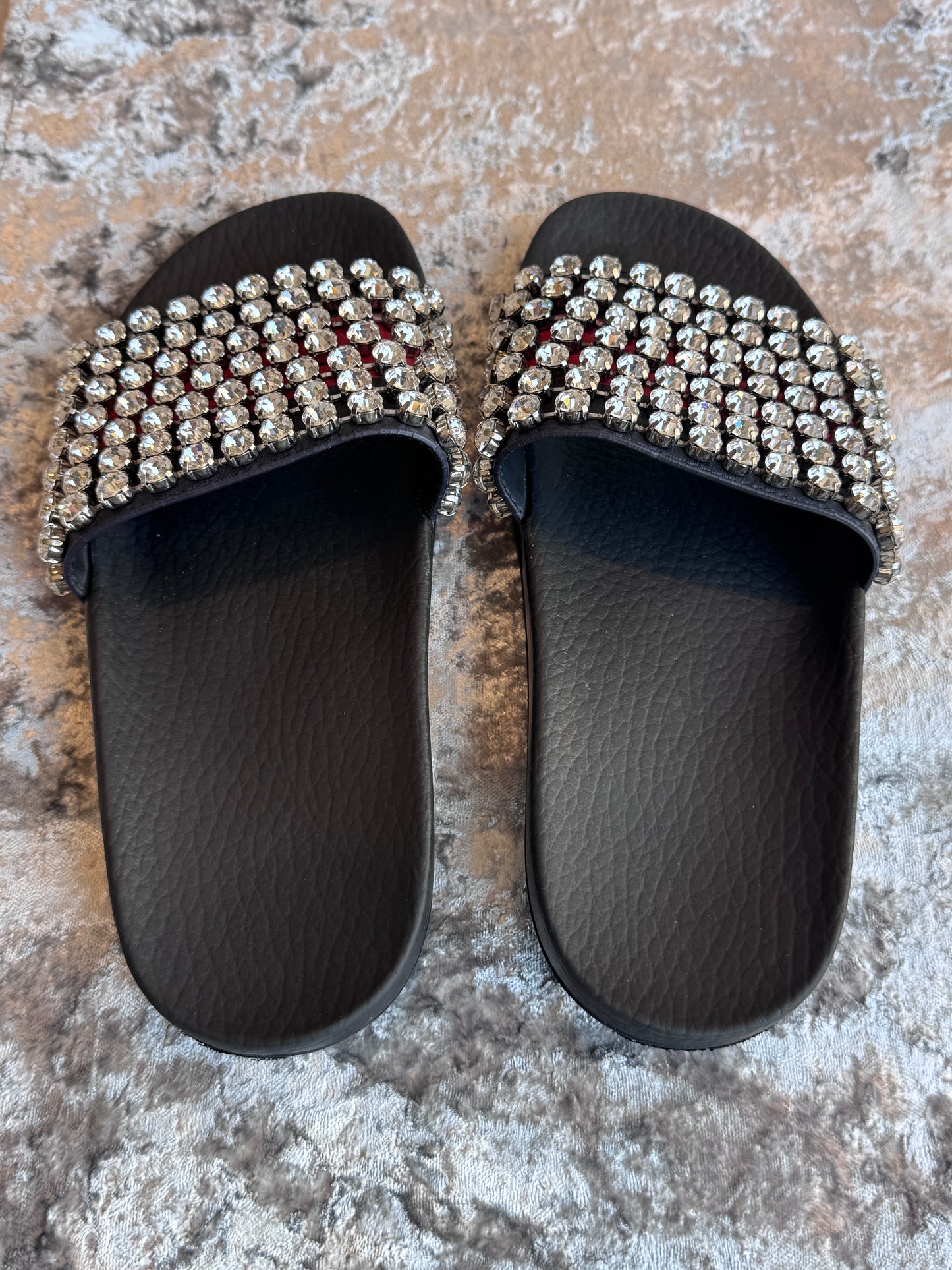 Excellent!! GUCCI Leather Crystal Pursuit Navy/Red Women's Slides 36EU
