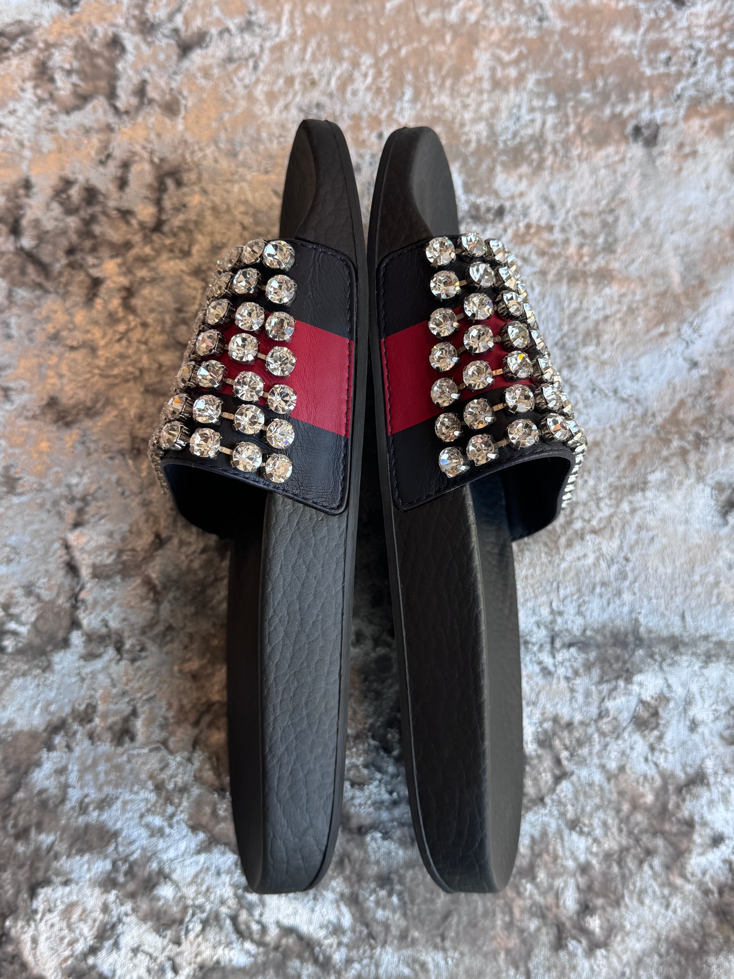 Excellent!! GUCCI Leather Crystal Pursuit Navy/Red Women's Slides 36EU