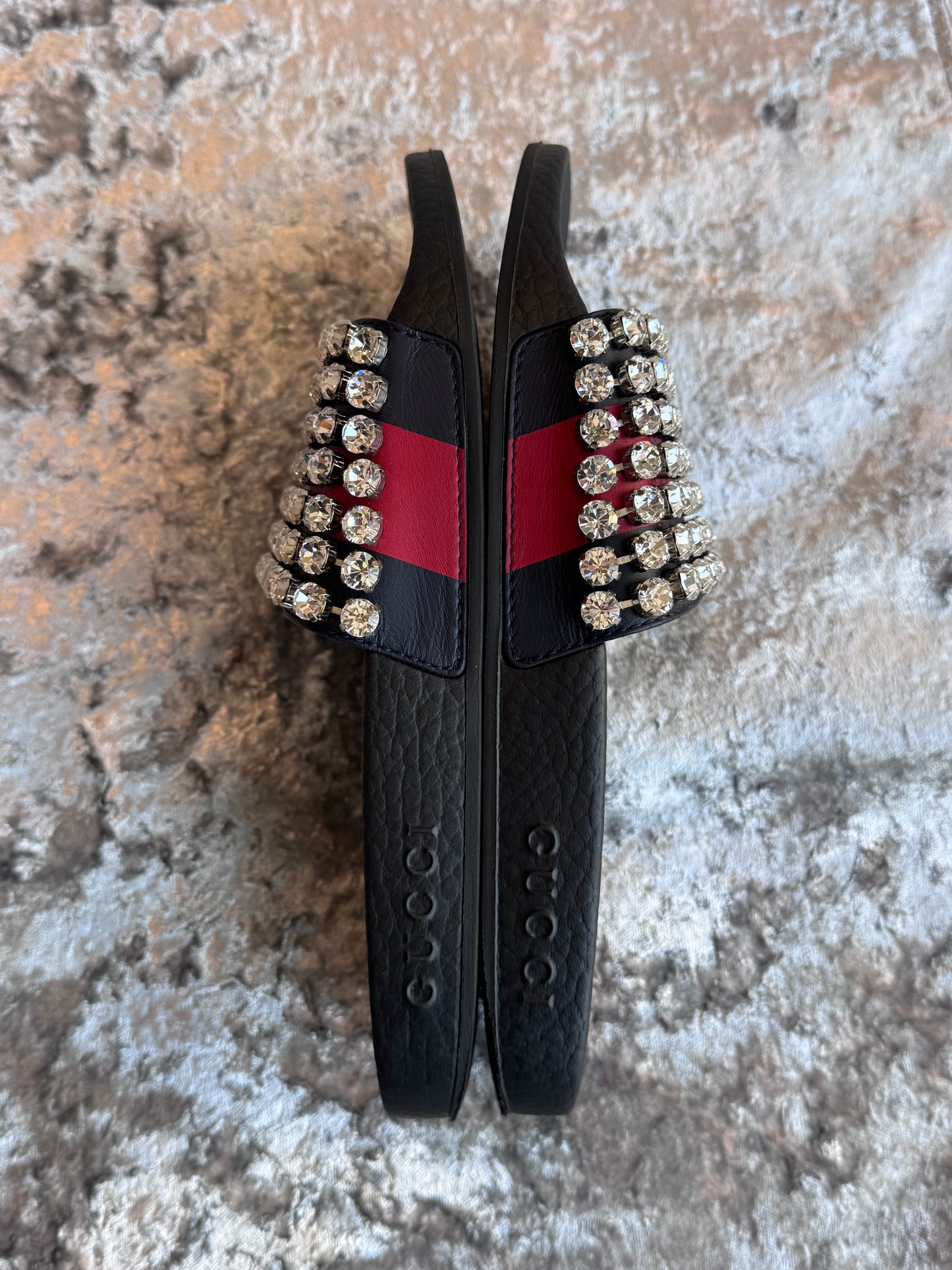 Excellent!! GUCCI Leather Crystal Pursuit Navy/Red Women's Slides 36EU