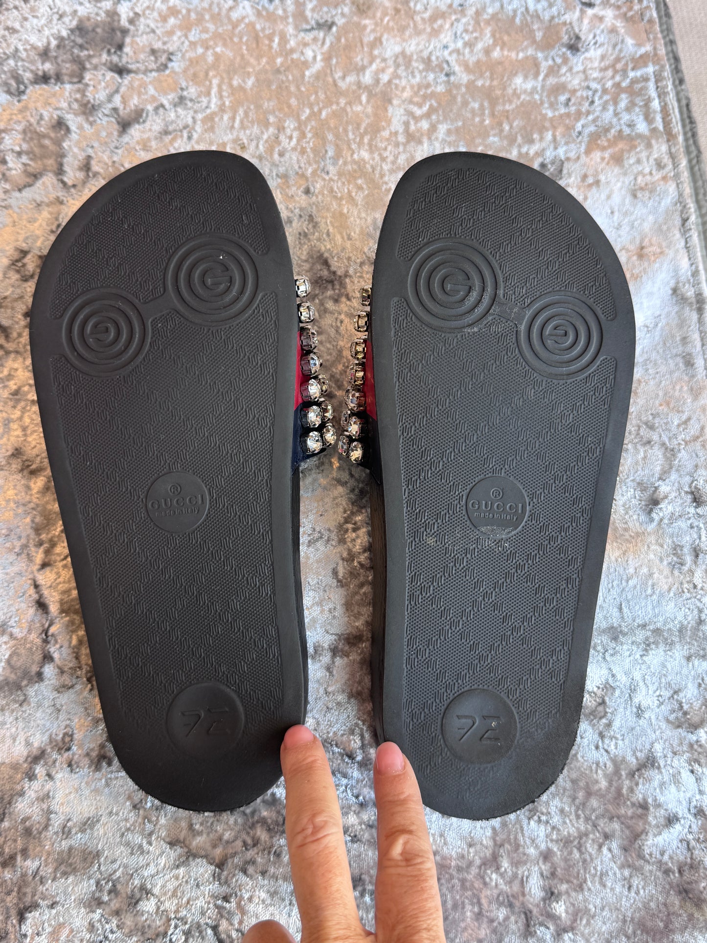 Excellent!! GUCCI Leather Crystal Pursuit Navy/Red Women's Slides 36EU