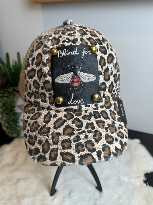 Re-Purposed Tan Leopard Ripped Trucker Hat Bee