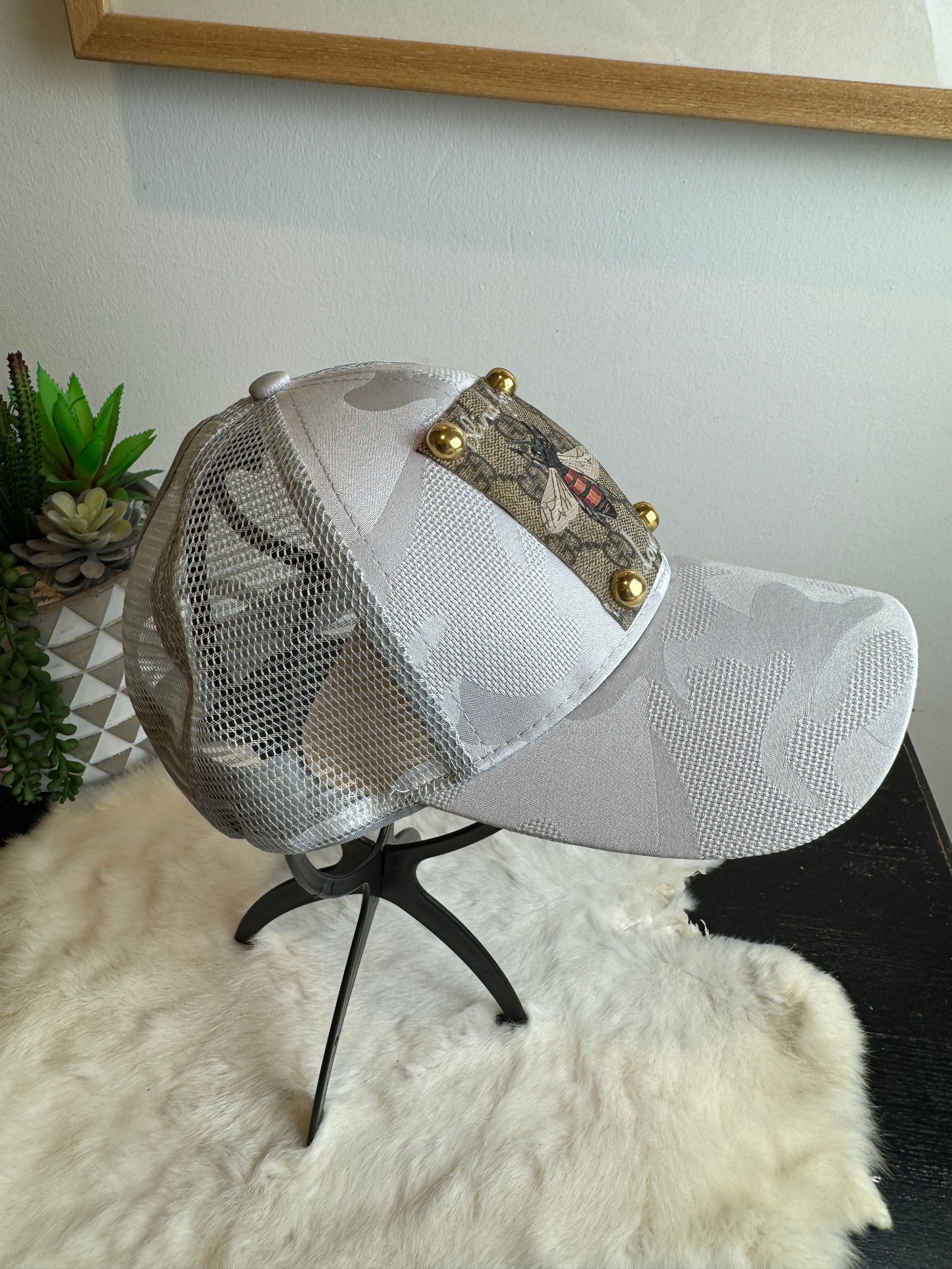 Re-Purposed Gray Camo Trucker Hat Bee