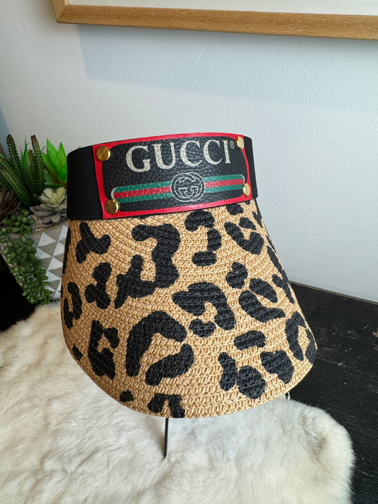 Re-Purposed Blk/Tan Leopard Straw Visor LOGO