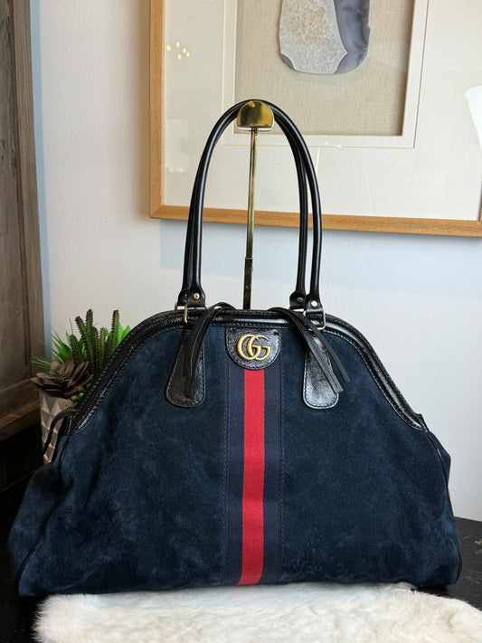 GUCCI Re Belle Large Navy Suede Patent Web Shoulder Bag