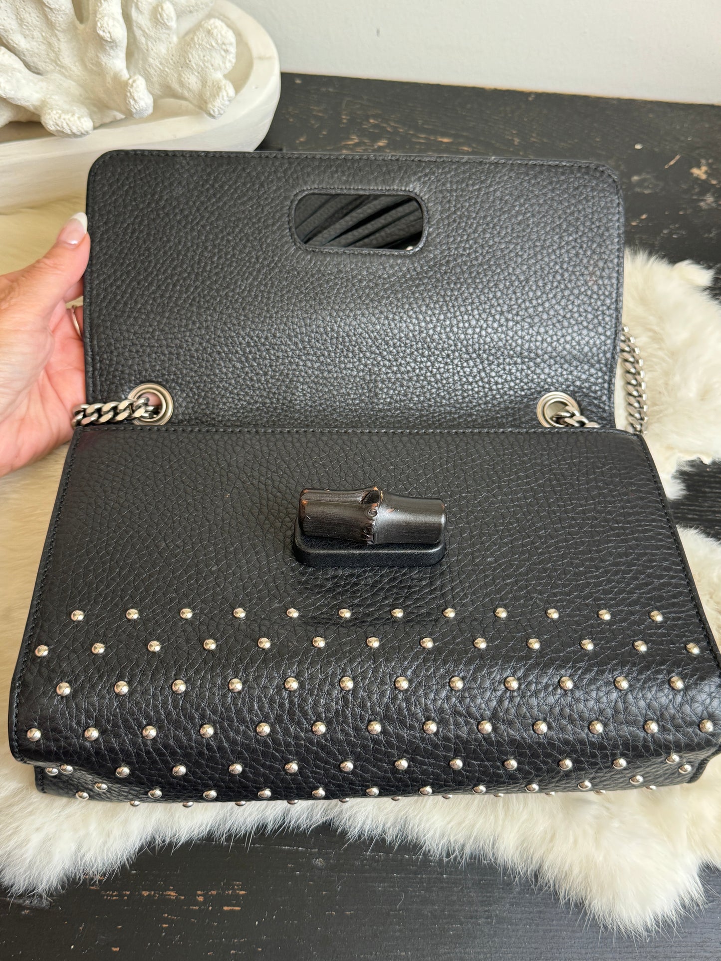 GUCCI Miss Bamboo Black Studded Chain Bag