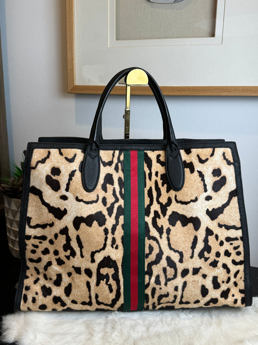 Gucci Calf Hair Leopard Print Medium Web Tote