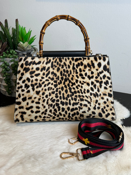 Gucci Calf Hair Bamboo Leopard Print Small Nymphaea Bag