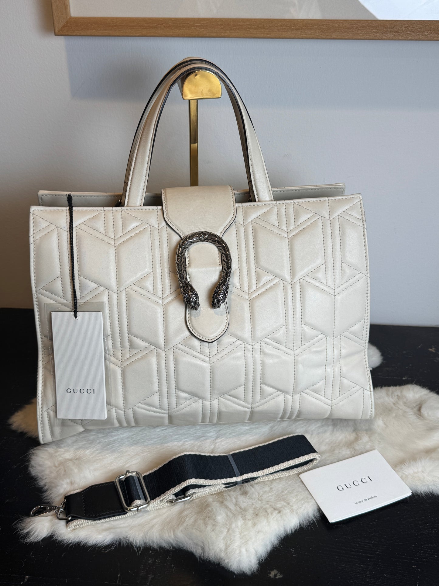 GUCCI Ivory Leather GG Marmont Dionysus Large Tote Bag