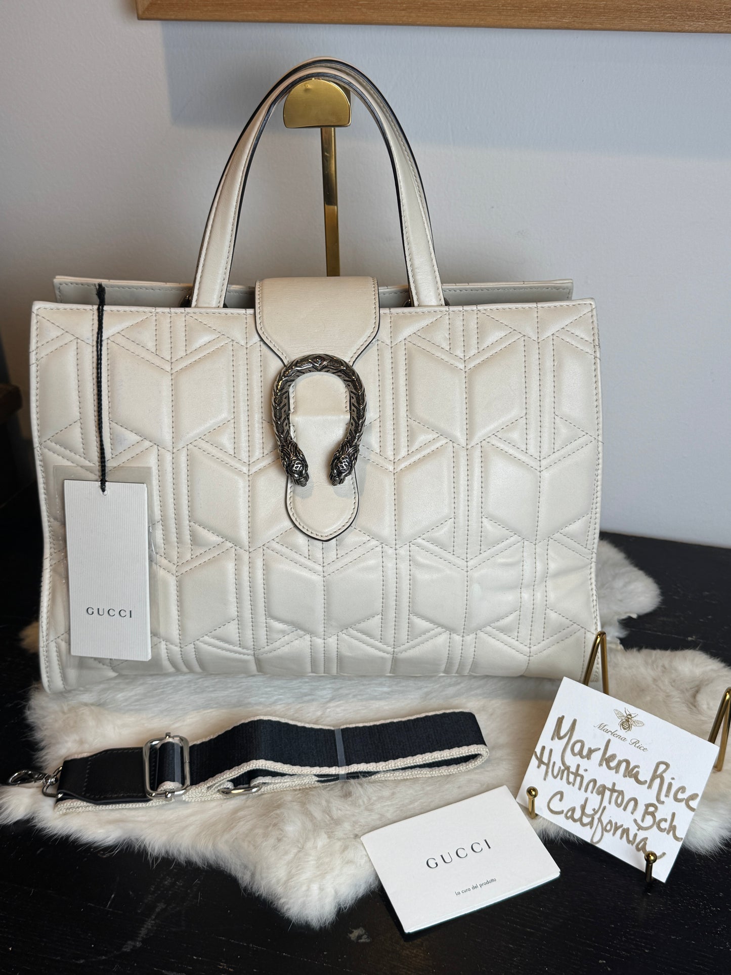 GUCCI Ivory Leather GG Marmont Dionysus Large Tote Bag
