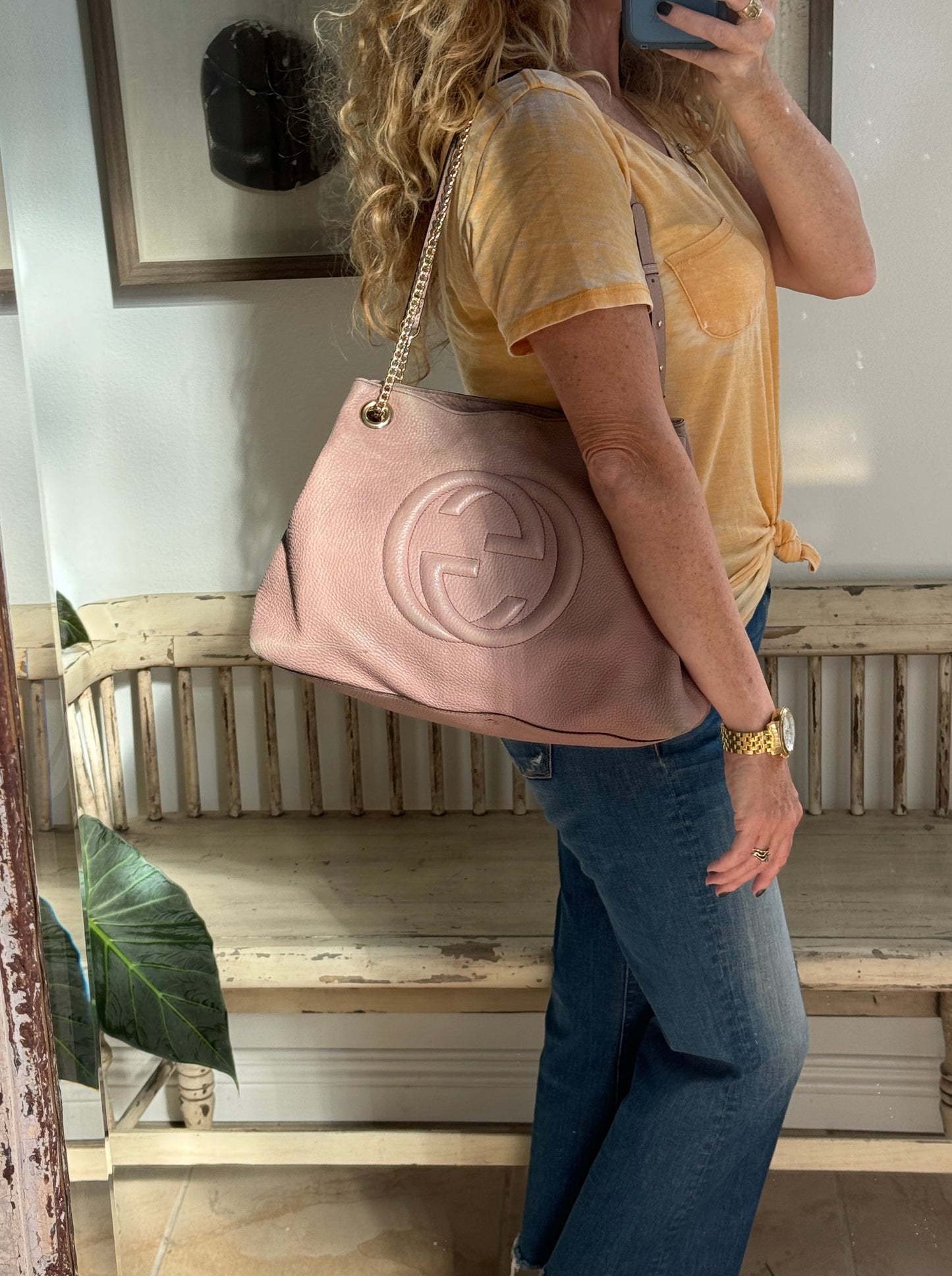 GUCCI Soho Lt Pink Pebbled Chain Hobo Bag