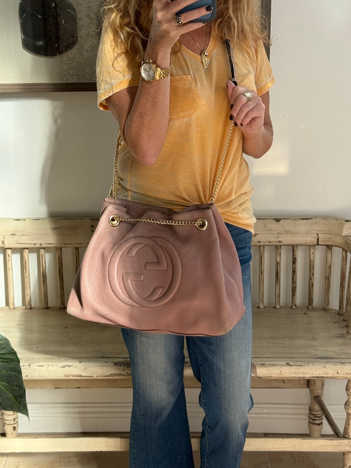 GUCCI Soho Lt Pink Pebbled Chain Hobo Bag