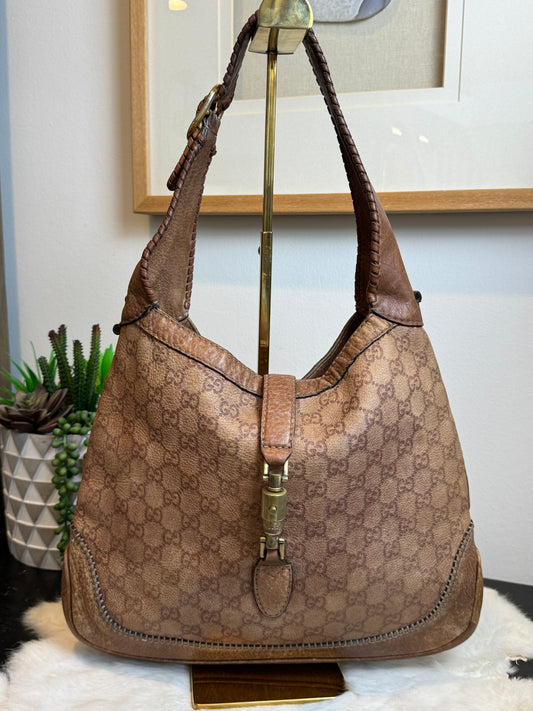 GUCCI Jackie Embossed Brown Distressed Hobo Shoulder Bag